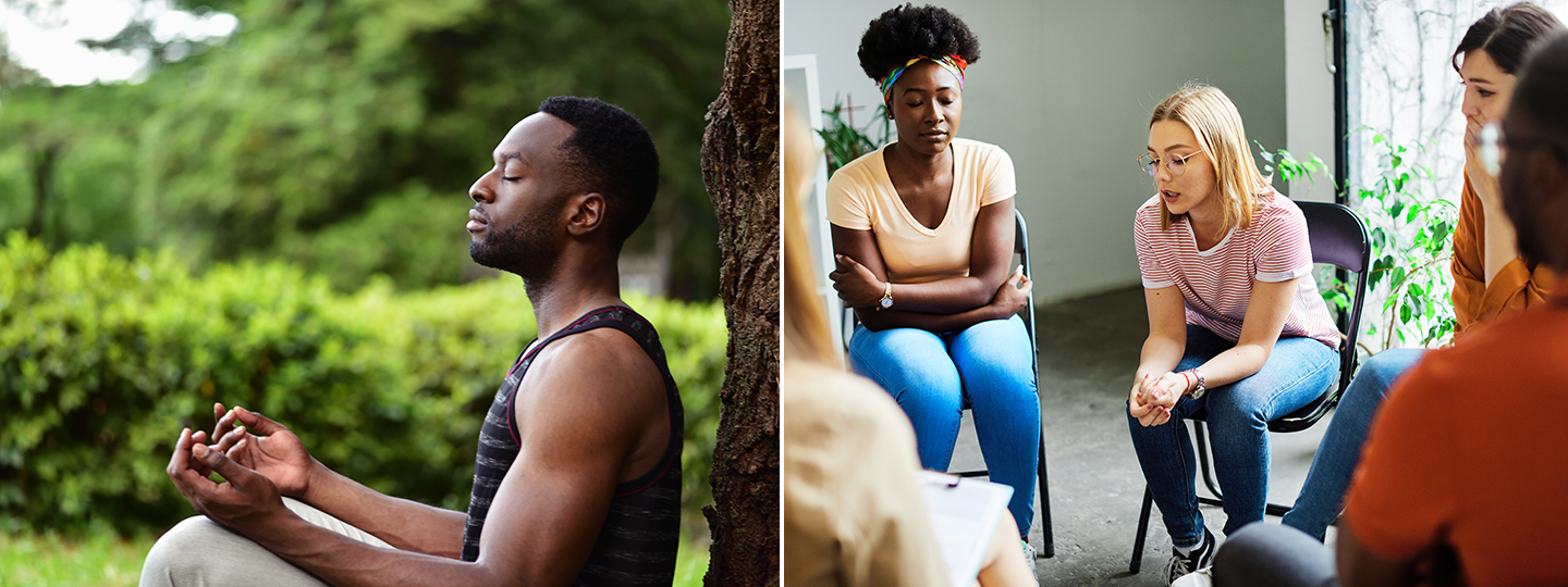 Young Black men meditating and young women in therapy group. Treatment for ketamine use in young adults can include mindfulness and group therapy