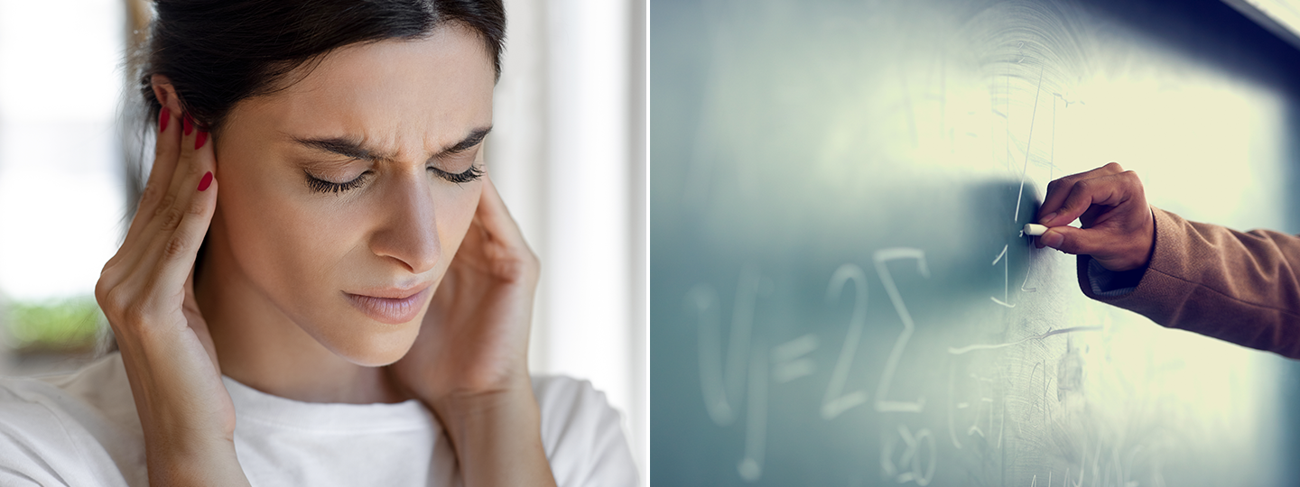 young woman in distress due to misophonia triggered by chalkboard writing