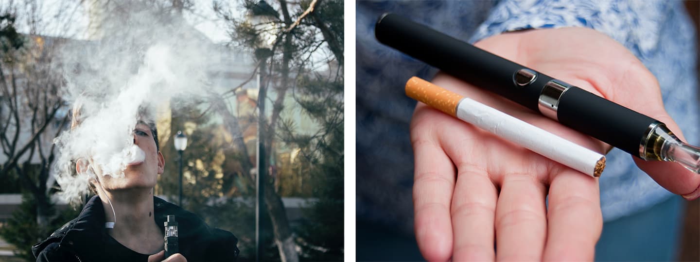 Side-by-side images of a young person blowing a puff of vape smoke and a close-up of a hand presenting a vape and a cigarette in the palm.